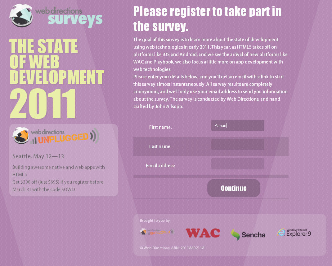 Screen capture of Webdirections survey site in Chrome, showing a series of nice CSS3 features.