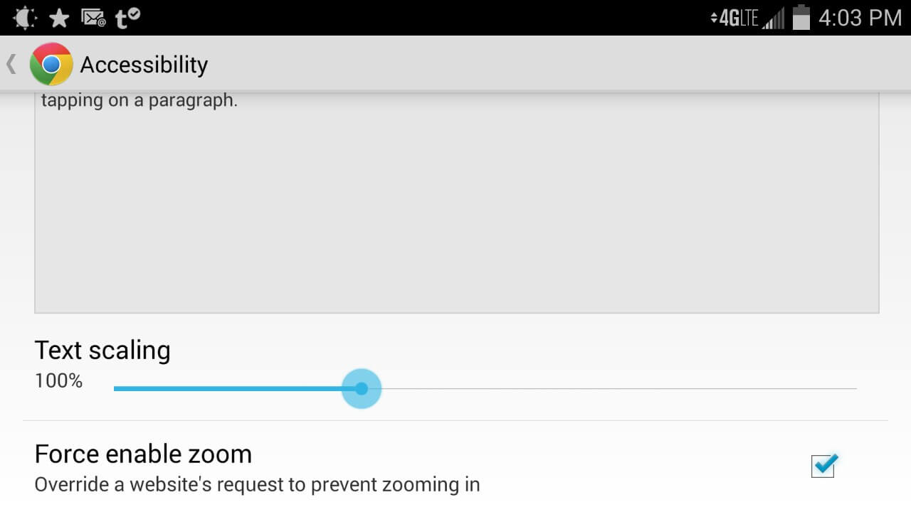 Screen shot of Chrome for Android showing checkbox to override a site's zoom settings.