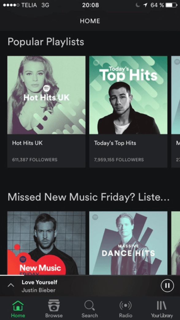 Screen shot of the Spotify mobile app with a menu bar at the bottom instead of a hamburger.