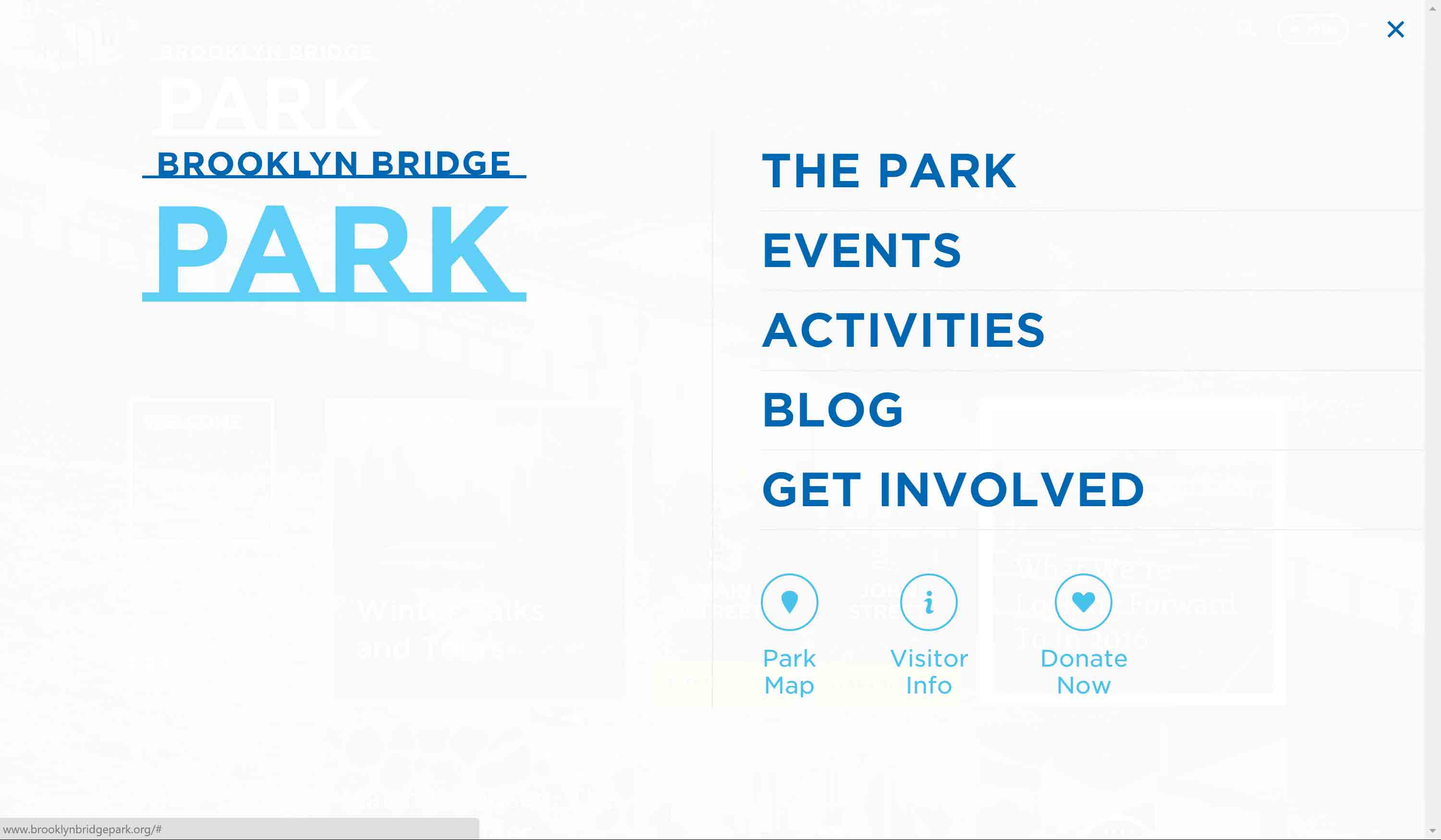 Brooklyn Bridge Park home page with menu open.