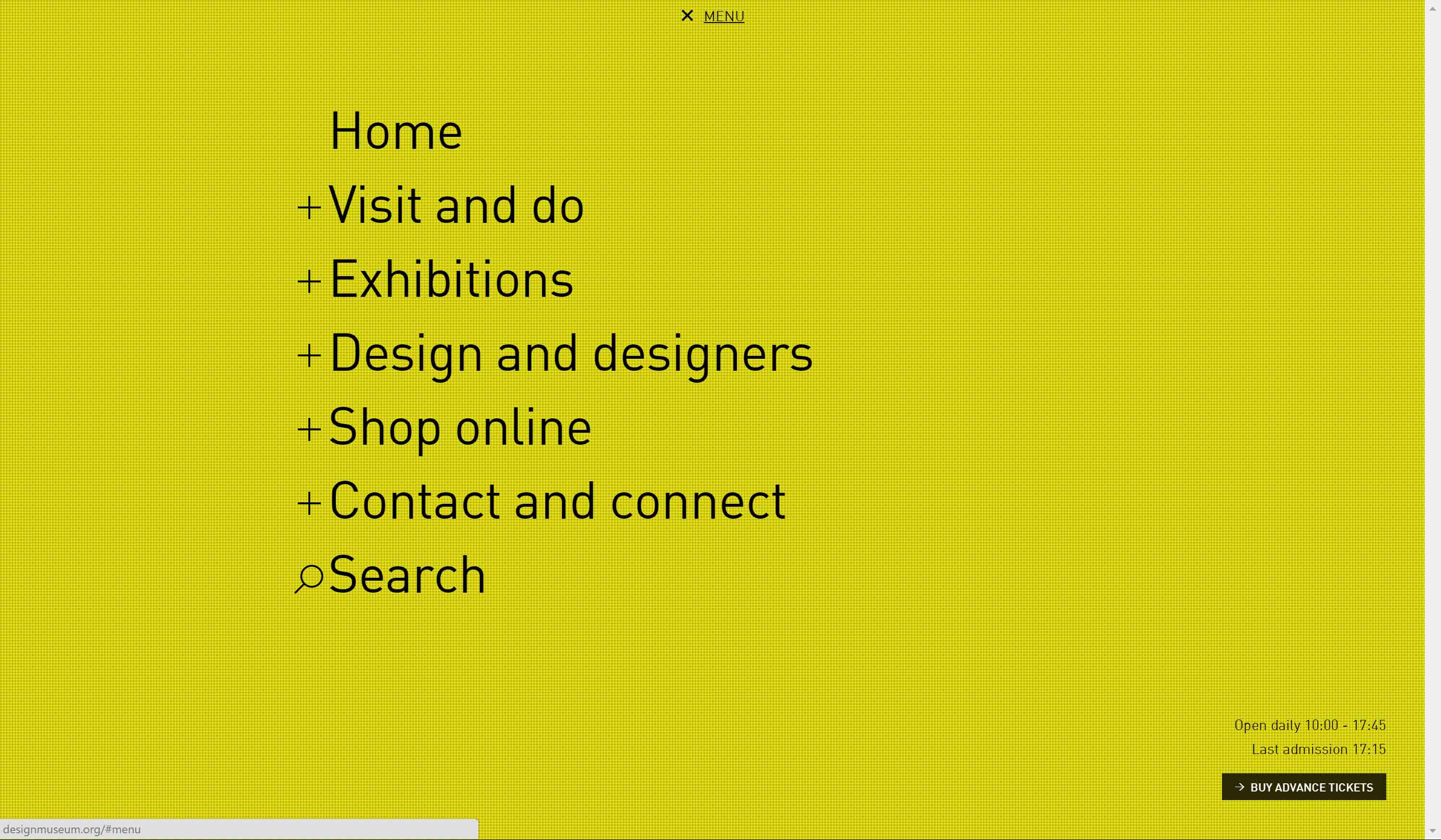 Design Museum home page with menu open.