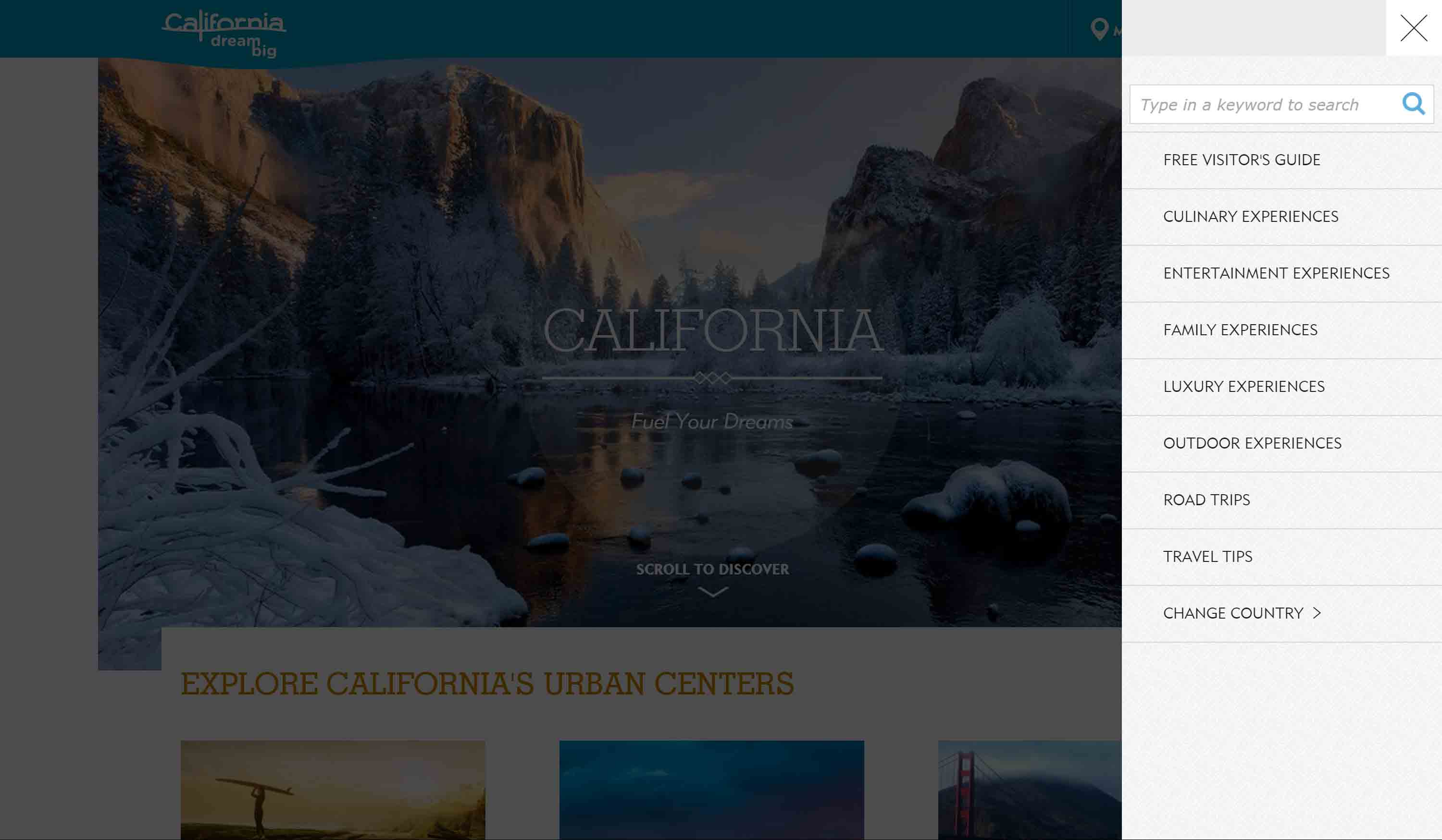 Visit California home page with  menu open.