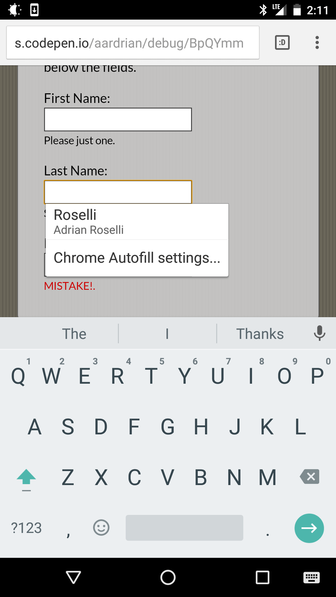 Screen shot from Chrome on Android showing auto-complete on the second field.