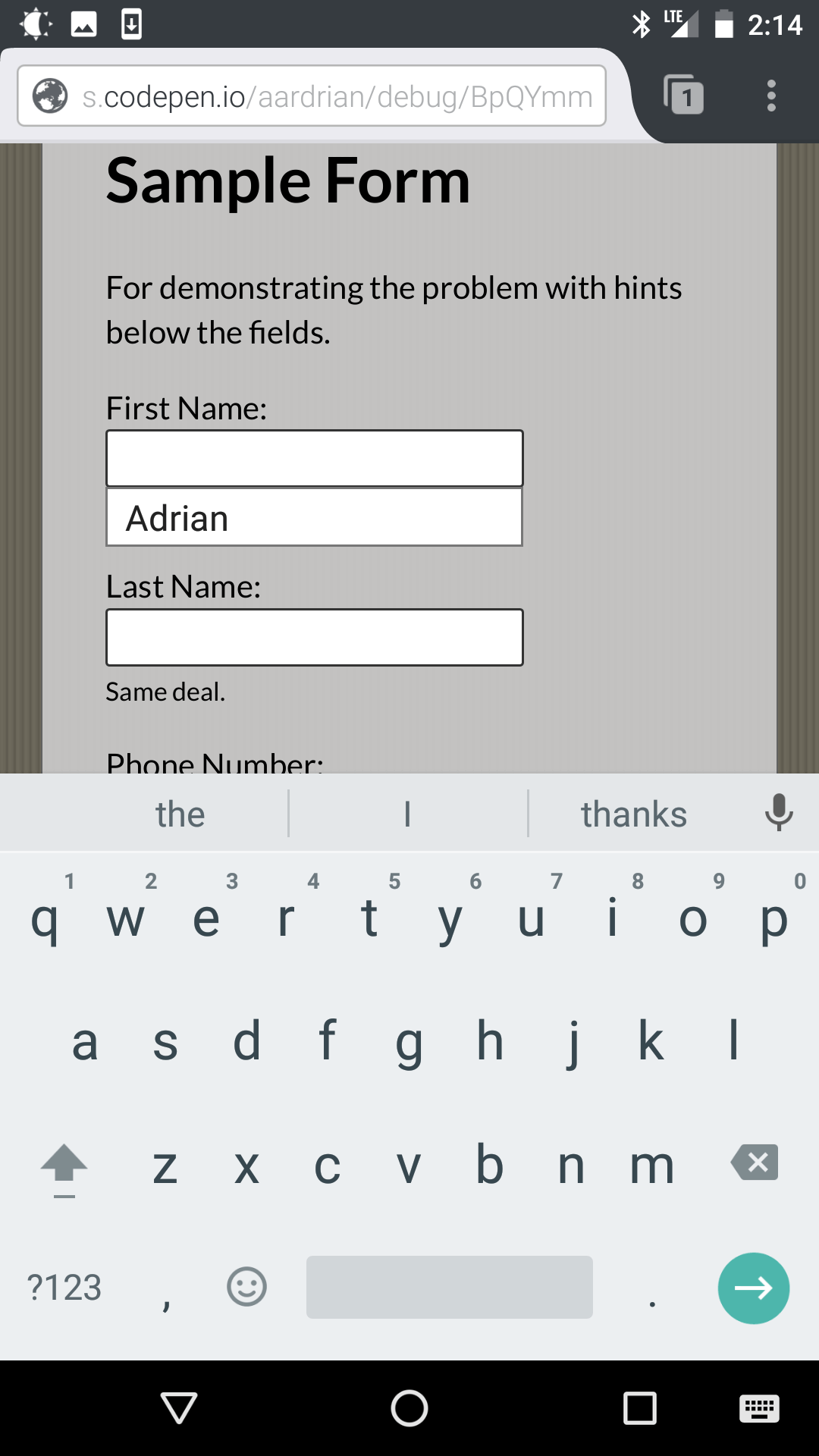 Screen shot from Firefox Mobile showing auto-complete on the first field.