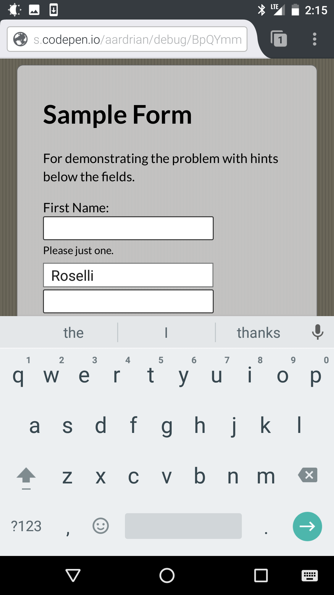 Screen shot from Firefox on Android showing the on-screen keyboard hiding the text below the field.