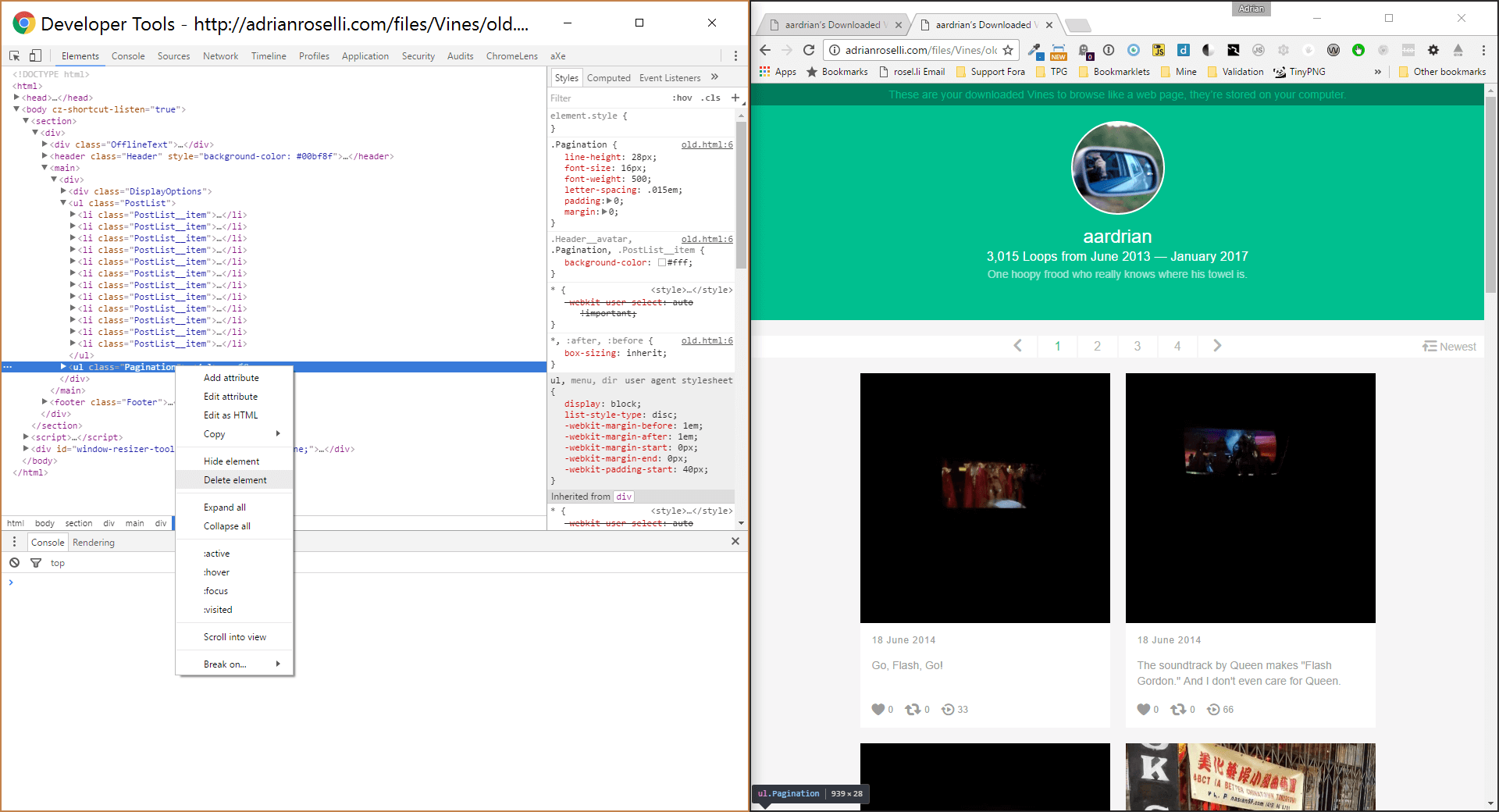 Screen shot of the Chrome dev tools alongside the Vine archive page.