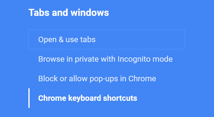 Screen shot of a link with the blue Chrome focus ring on the blue background of the Chrome help page.