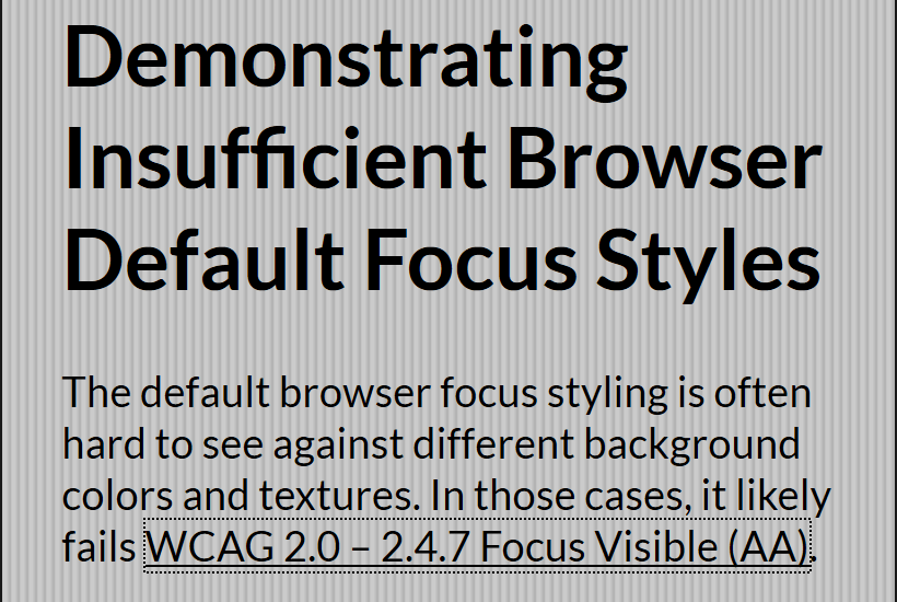 The default focus ring in Firefox on a link against a textured background.