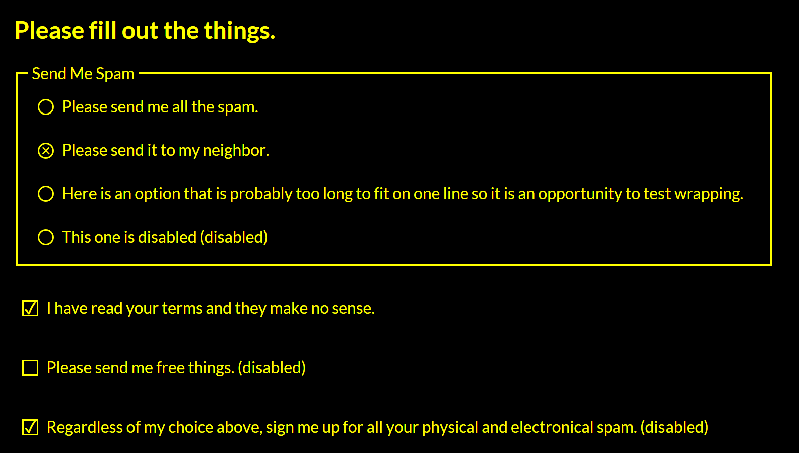 Screen shot of my checkbox / radio button in Windows High Contrast Mode.