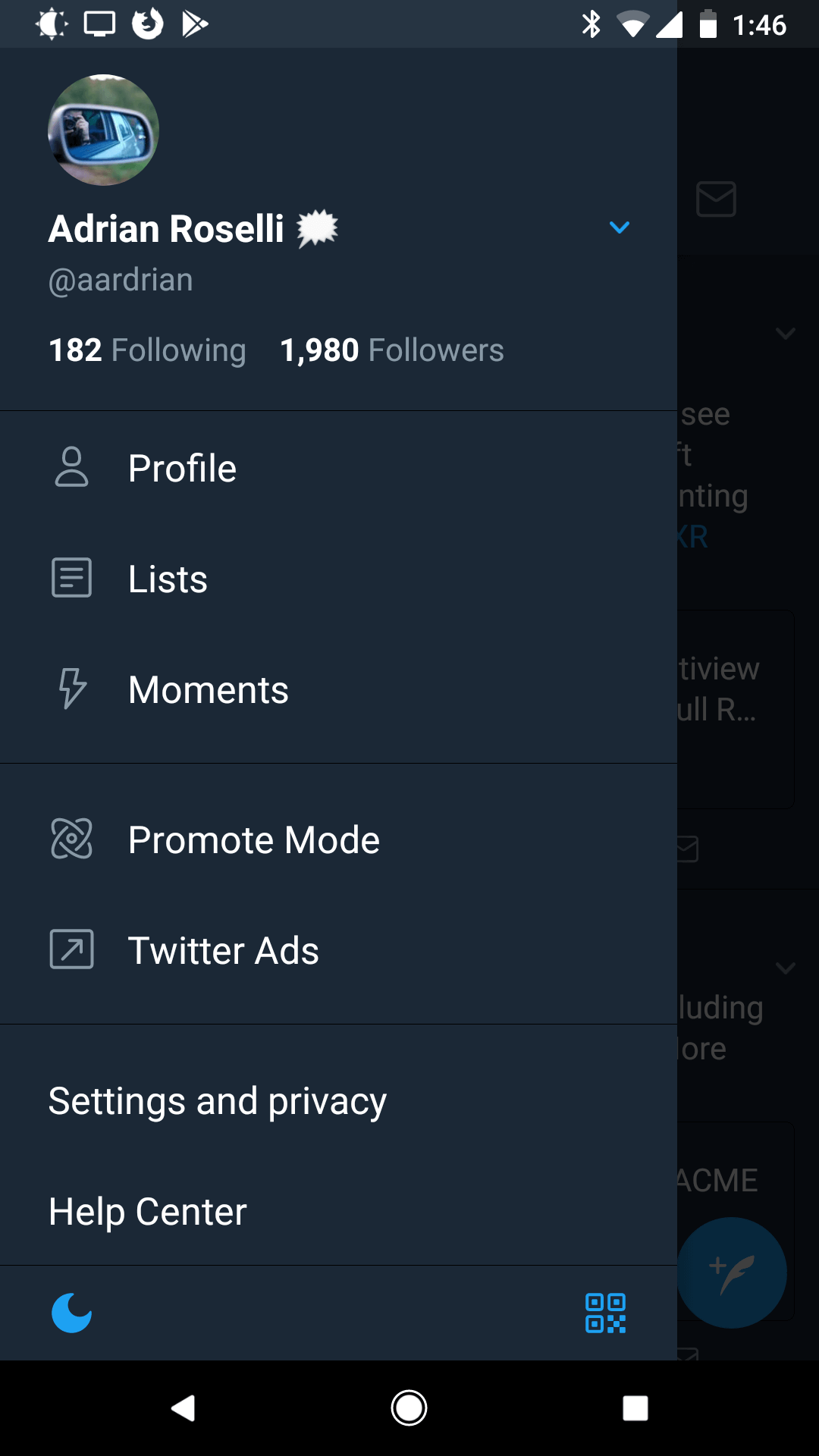 User profile menu in the Twitter app.