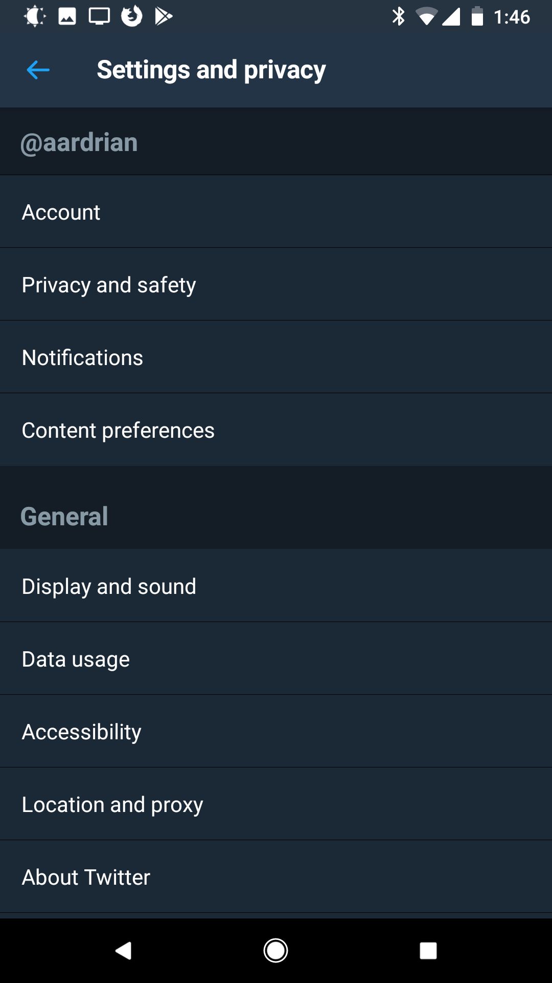 Settings and privacy screen in the Twitter app.