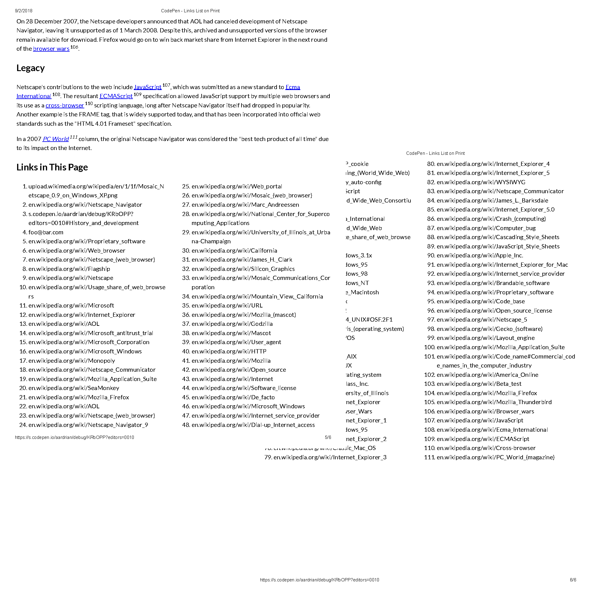 Example of a couple printed pages showing the links list.