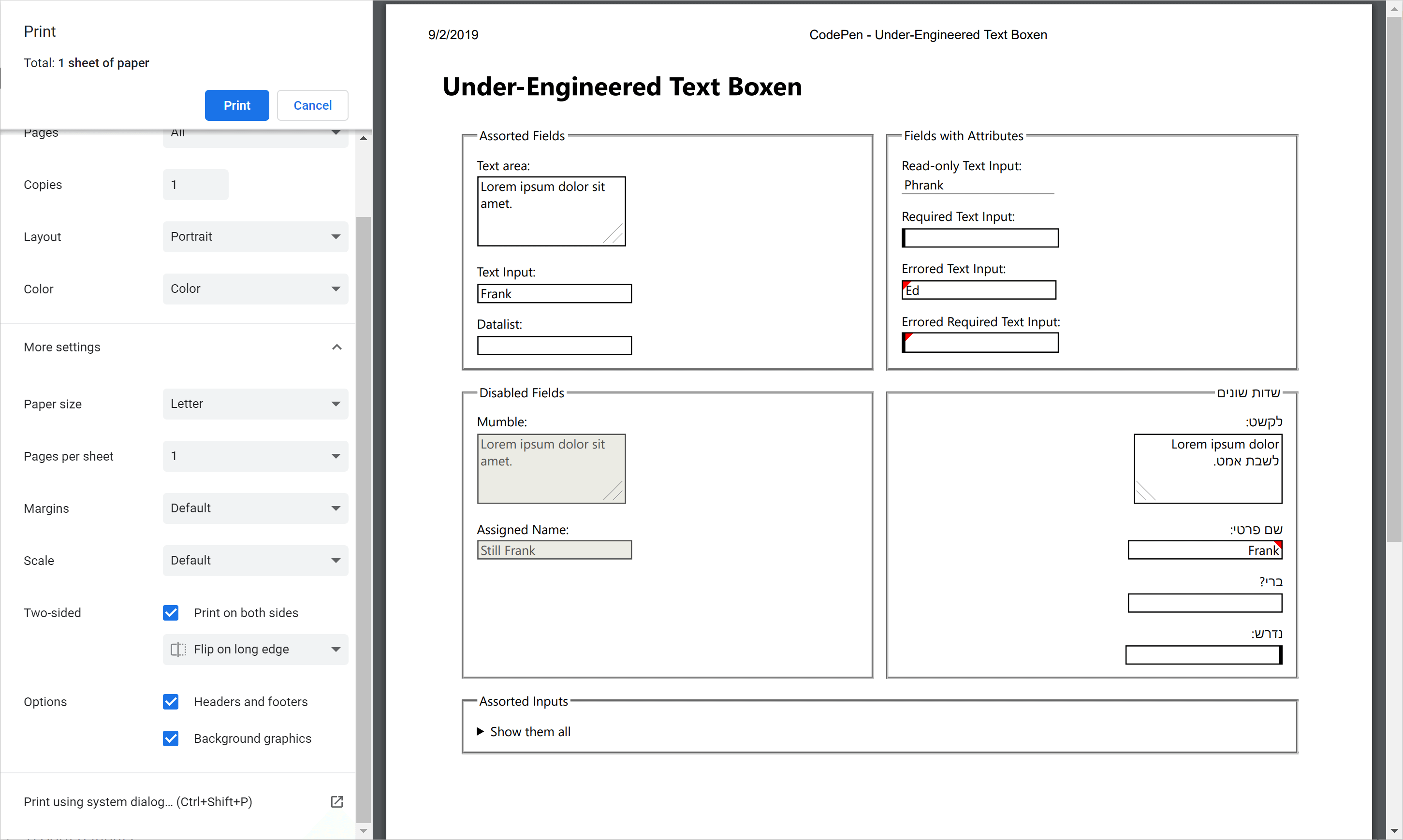 The print preview dialog showing that background colors are enabled with the page showing all the styles applied on the printed example.