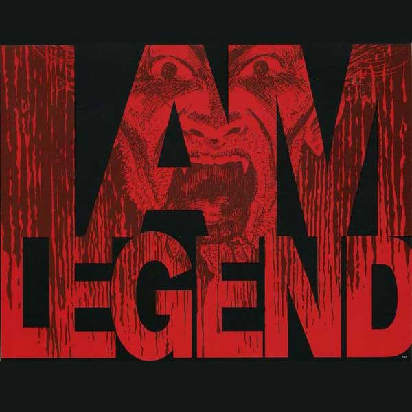 ‘I am legend’ set in bold red type against black, an image of a vampire visible in the text.