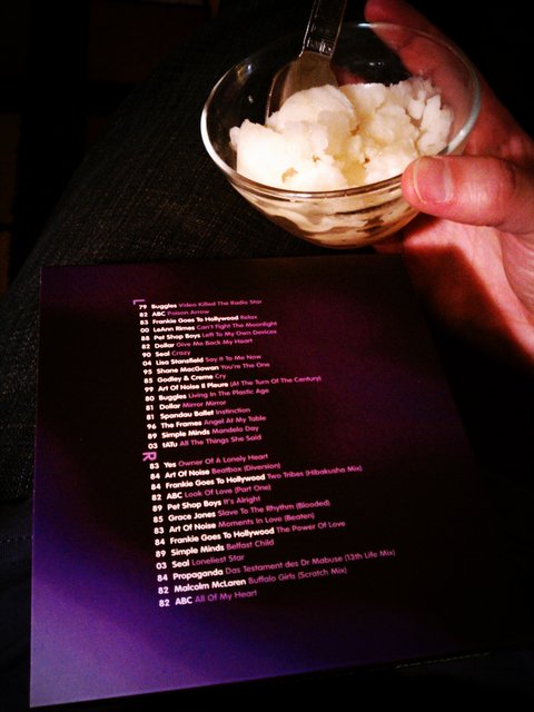 Critiquing terrible title case from designer on Trevor Horn CD over homemade lemon basil sorbet.