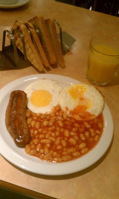 A couple plates of beans, eggs and sausage to bulk up for a full day.