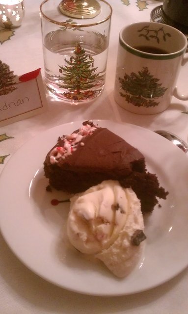 Dark chocolate cake, peppermint bark Häagen Dasz ice cream.