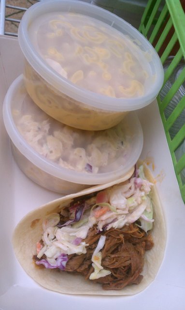 Opted for the braised beef BBQ wrap (taco), mac-n-cheese, macaroni salad.