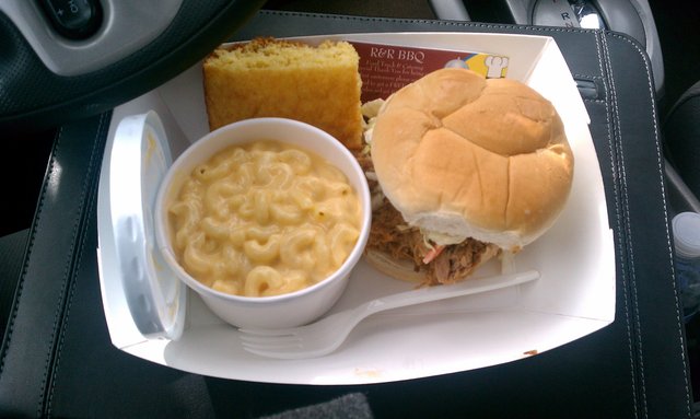 Combo: BBQ pulled pork, mac-n-cheese, corn bread, drink.