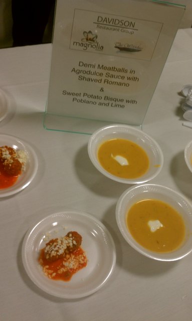 #BN360 Sweet potato bisque, poblano, lime. Demi meatballs, agrodulce sauce.