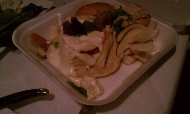 3 cheese fondue in bread bowl. In styrofoam. Because they forgot it. Then brought it as takeaway.