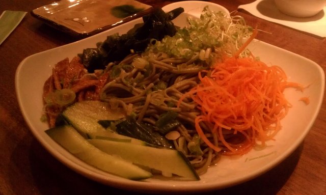 Soba noodle with fried tofu salad.