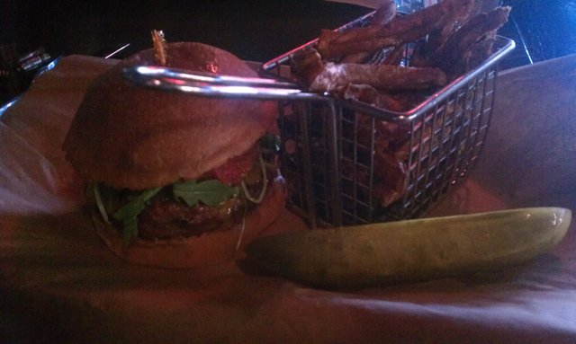 Gold Standard burger (with bacon) and sweet potato fries.