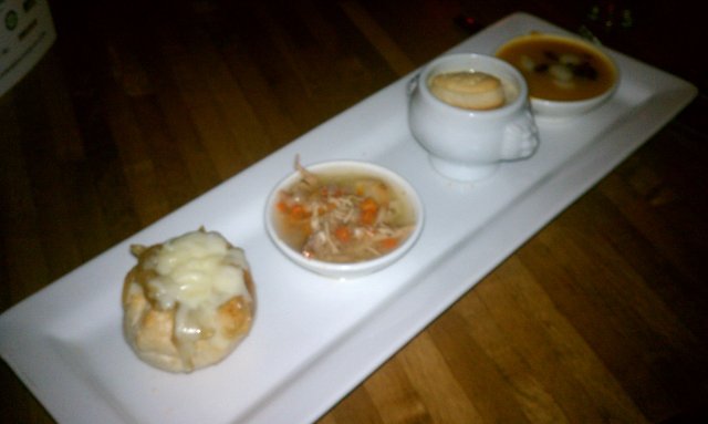 French onion breadbowl; chicken & dumpling; clam chowder; sweet potato, maple, bacon.