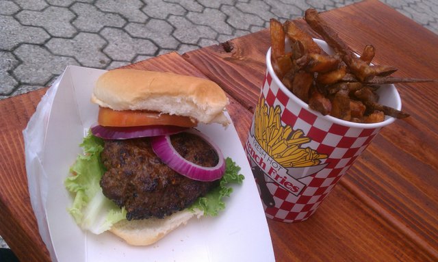 B-lo burger with bacon jam and a side of regular fries.