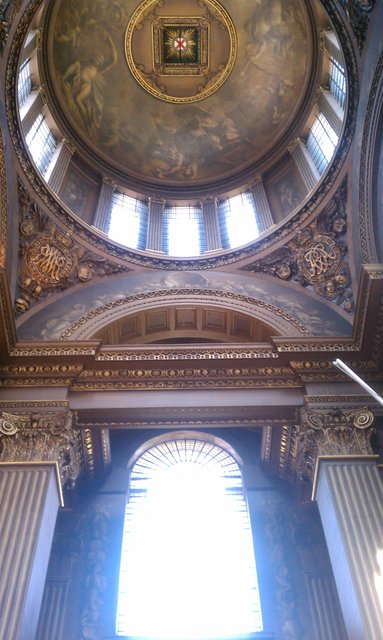 Looking up in the vestibule of the Painted Hall.