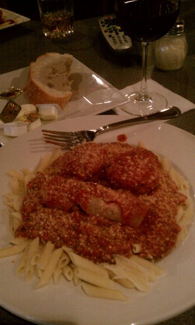 Penne in bolognese. And some meatballs for good measure. And Italian sausage just to be safe.