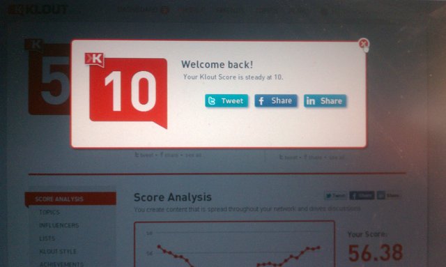 So my Klout score is 56, but holding steady at 10?