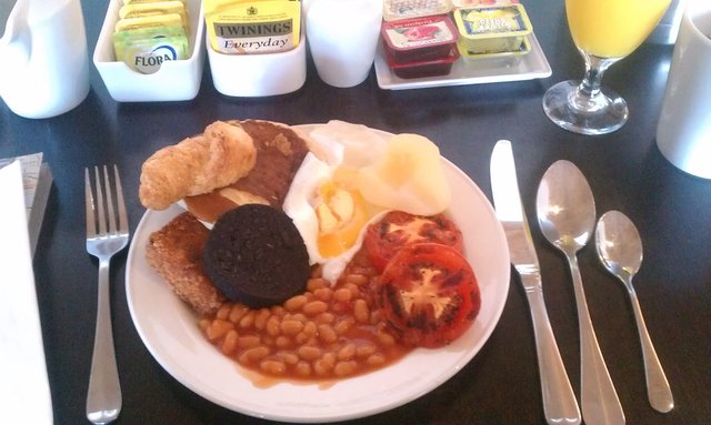 Beans, tomatoes and black pudding to start the day.