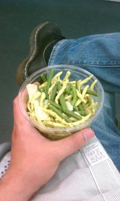 Pasta, pesto, green beans, shaved parm. Ate it while awaiting the water taxi.