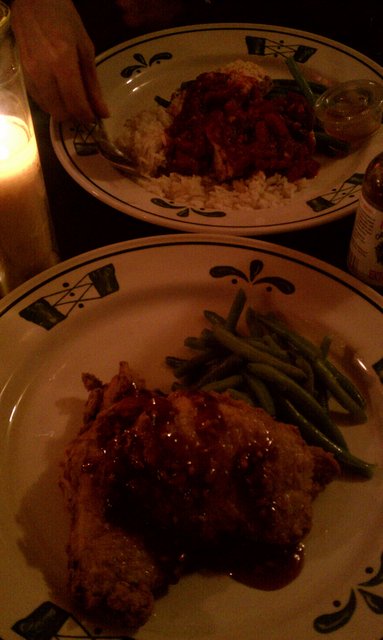 Pork chops with bourbon sauce (ran out of sweet mashed). Some tofu thinger.