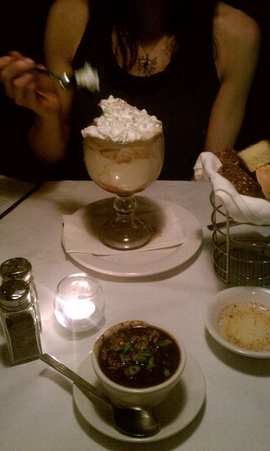 Bananas Foster, cup of gumbo. Did we both order dessert or appetizers?