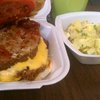 Massive three-layers-of-meatloaf sandwich, potato salad from @WholeHogTruck.