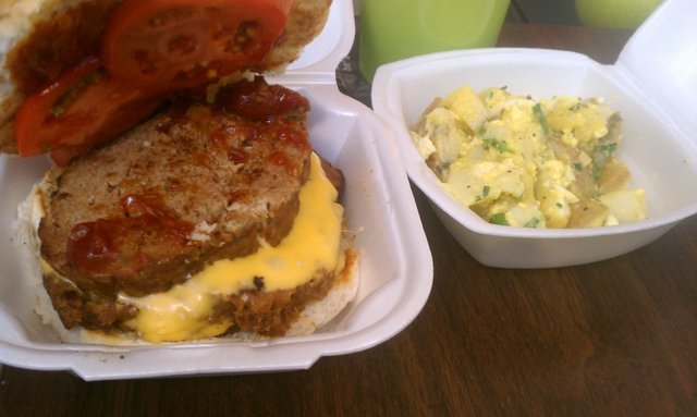 Massive three-layers-of-meatloaf sandwich, potato salad from @WholeHogTruck.