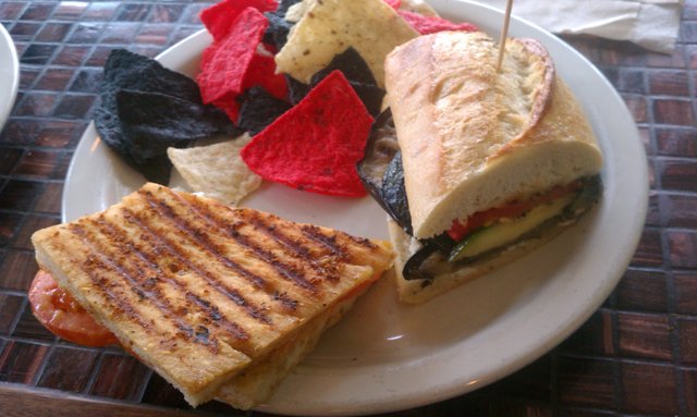 Half a grilled cheese and half a grilled veggie sandwich.