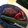 Strip steak (olive oil, cracker pepper, minced garlic, salt) and grilled zucchini, sweet red pepper.