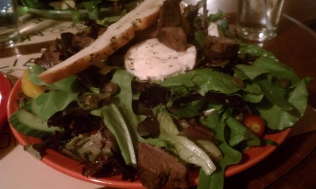 Summer salad (greens, mango, cucumber, grap tomatoes, steak, mozzarella, capers).