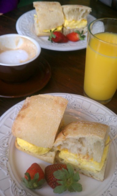 Breakfast sandwiches, latte, OJ. #BUFfoodies