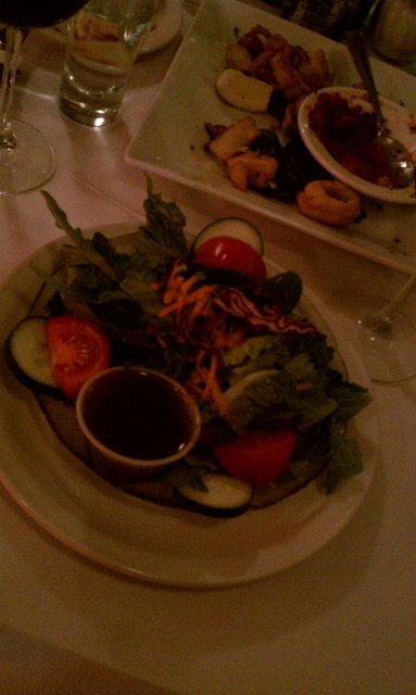 House salad and calamari (yes, on different plates).