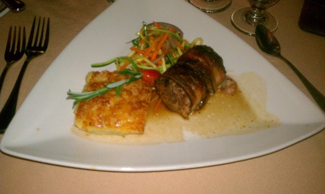 #LocalRestaurantWeek Bacon-wrapped stilton-stuffed meatloaf, graten potatoes, shredded veggies.