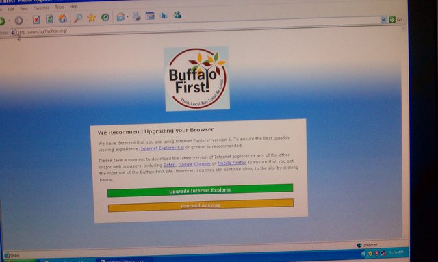 The @BuffaloFirst site now lets IE6, IE7 users in. Must click past splash, but at least not blocked. Thanks!