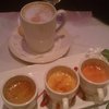 Cappuccino and flight of creme brulee (chocolate, vanilla, strawberry).