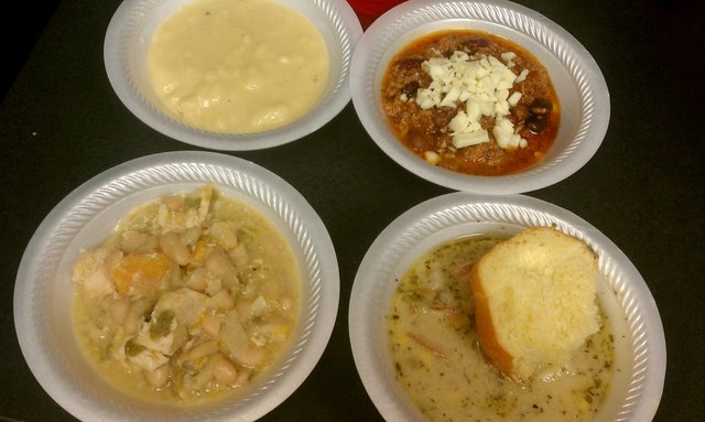 Chicken dumpling; chili with cheddar; corn, bacon, potato chowder; white bean chili. #SoupFest