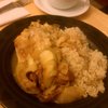 Apple, onion, rosemary, cider, chicken with brown rice. Monochrome meal.