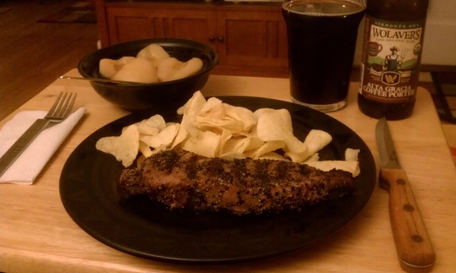 Strip steak ghetto'd up with a can of pears & some Martin's kettle chips.