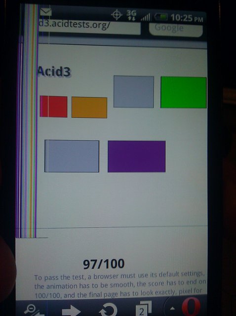 #OperaMini6 gets 97/100, with incorrect rendering, on Acid3 test. Photo of my phone via @VinNay.